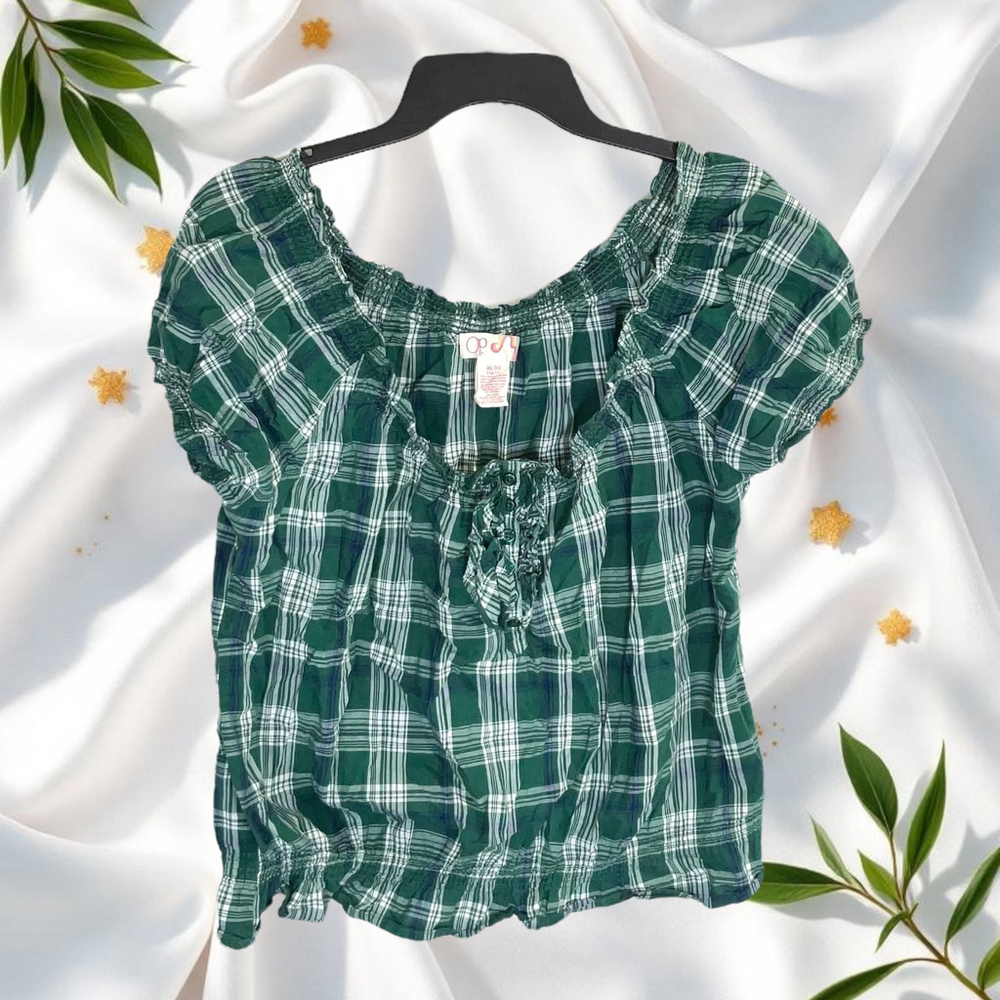 OP Green, White, Blue Plaid Short Puffy Sleeve Ruffle Front Blouse Jrs XL 15-17